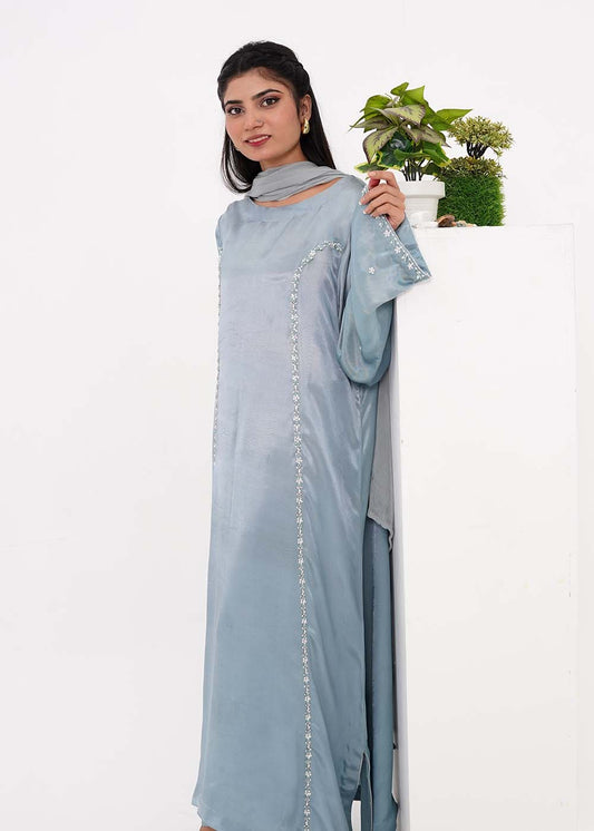 2-Piece Ocean Blue Silk Suit