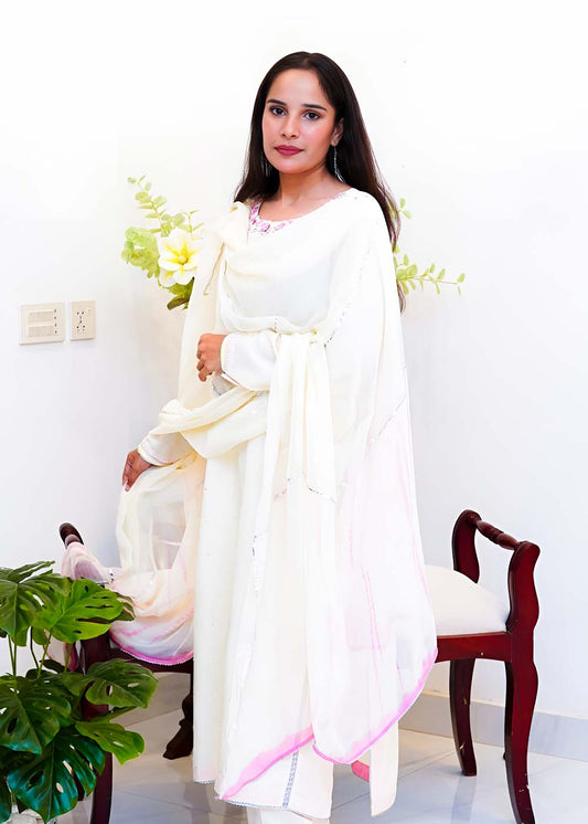 3-Piece Suit Cream Thai Silk with Hand Work & Tie-Dye Dupatta