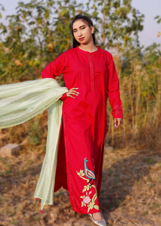Cotton Net Dupatta with Long 50-Inch Embroidered Shirt and Straight Pants